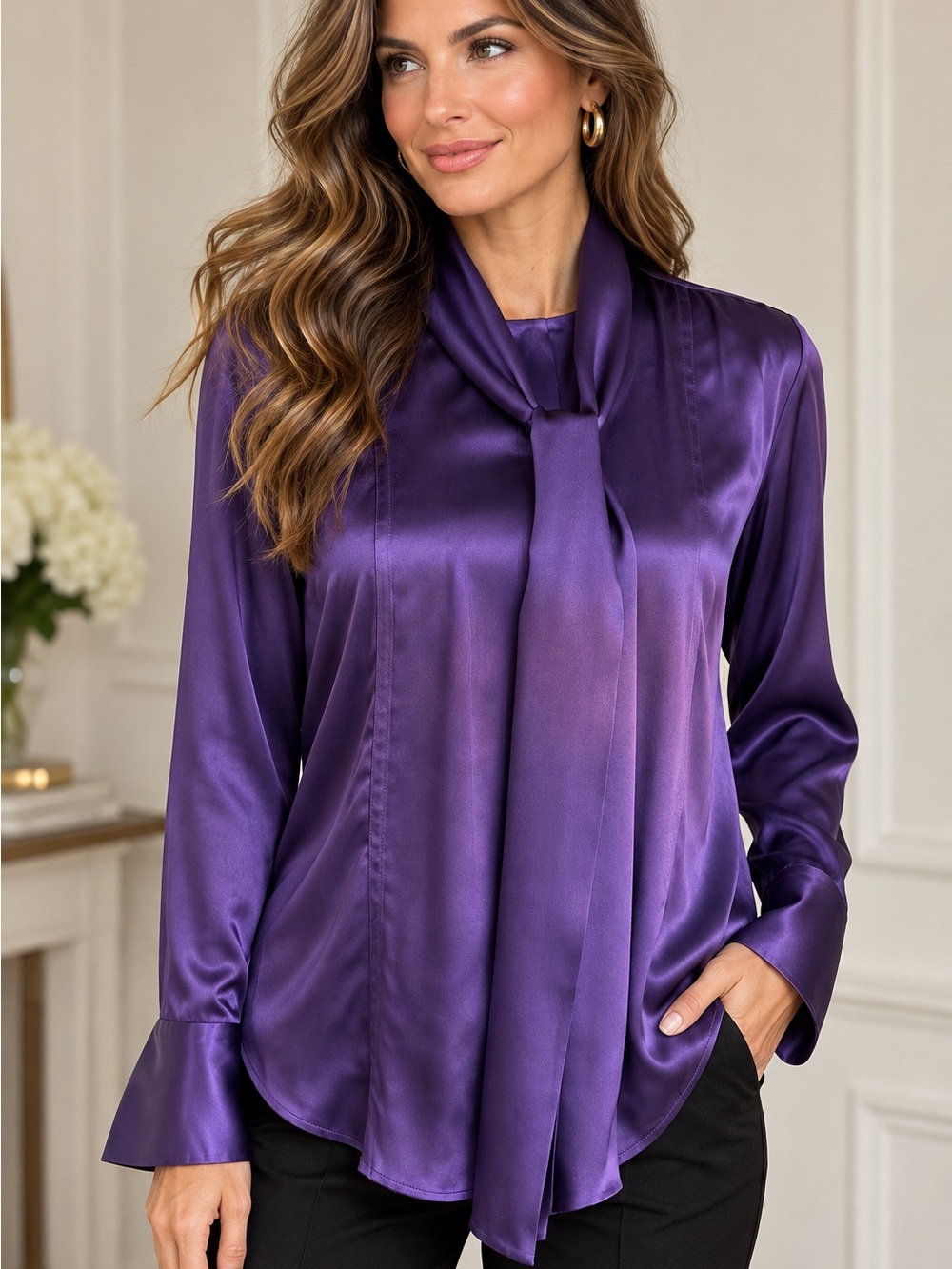 Ralph Lauren Collection Purple Label 100% Silk Satin Tie Neck Blouse Size 8